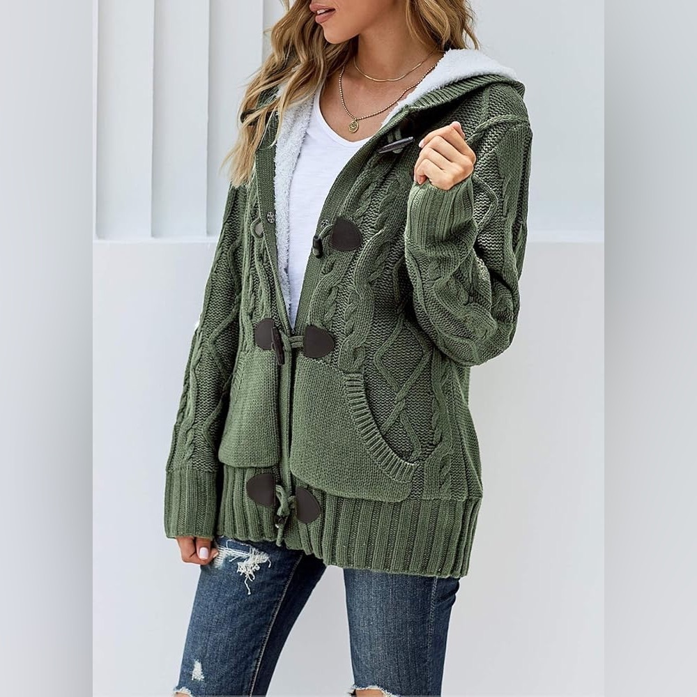 Sidefeel Hooded Cable Knit Cardigan Sherpa Lined Toggle Coat Green Size Large - Picture 4 of 14